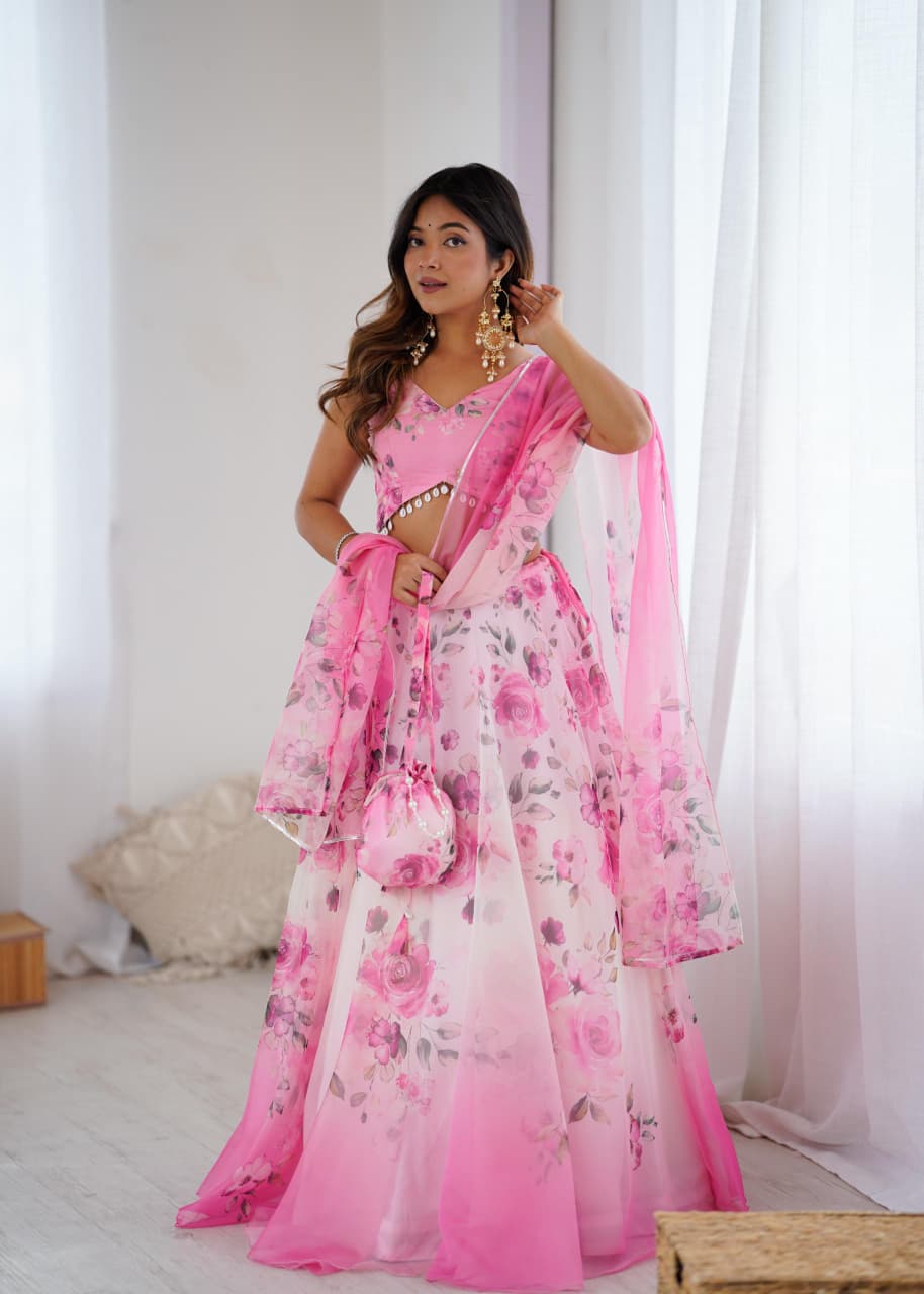 Pure organza silk digital printed lehenga
