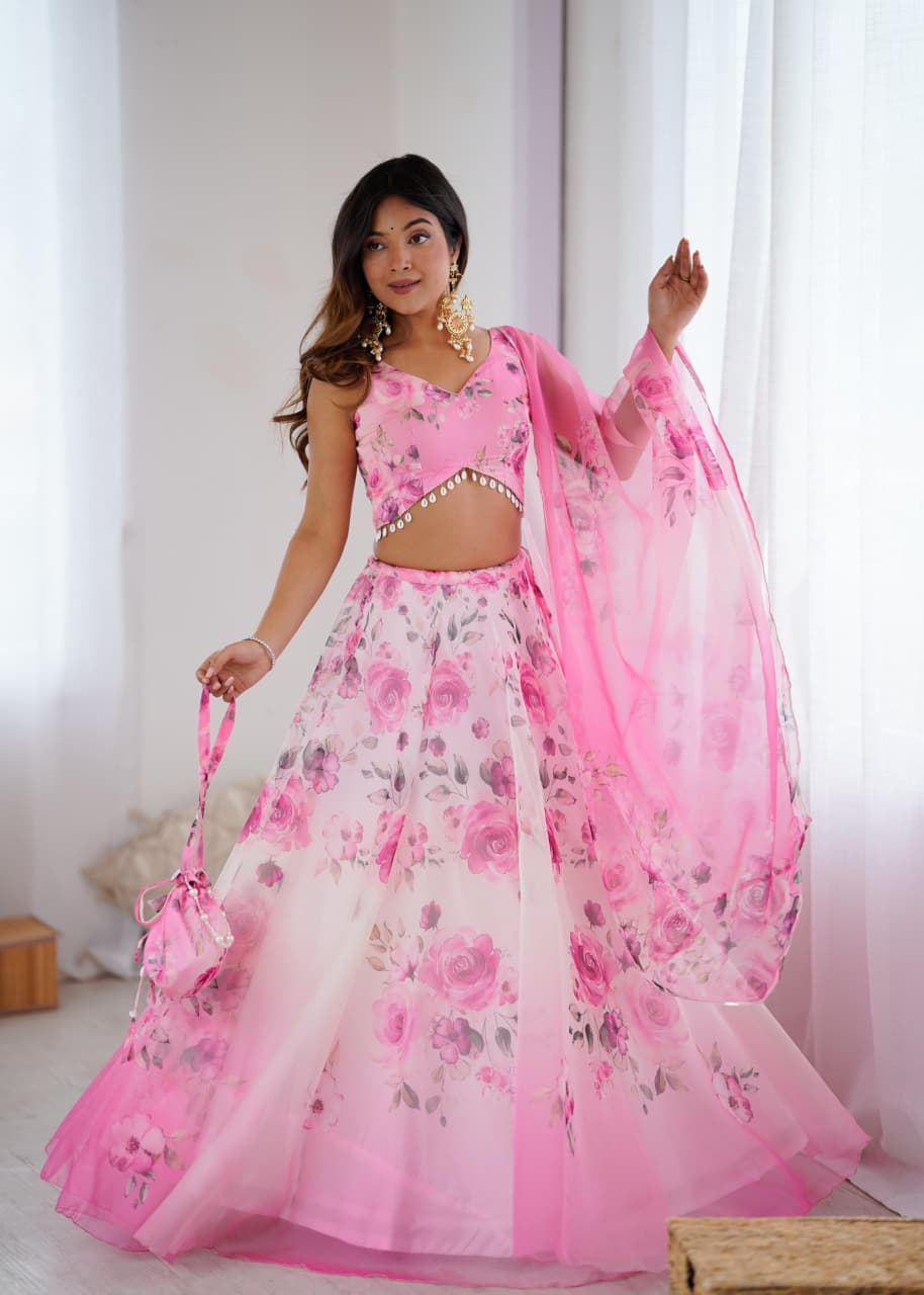 Pure organza silk digital printed lehenga