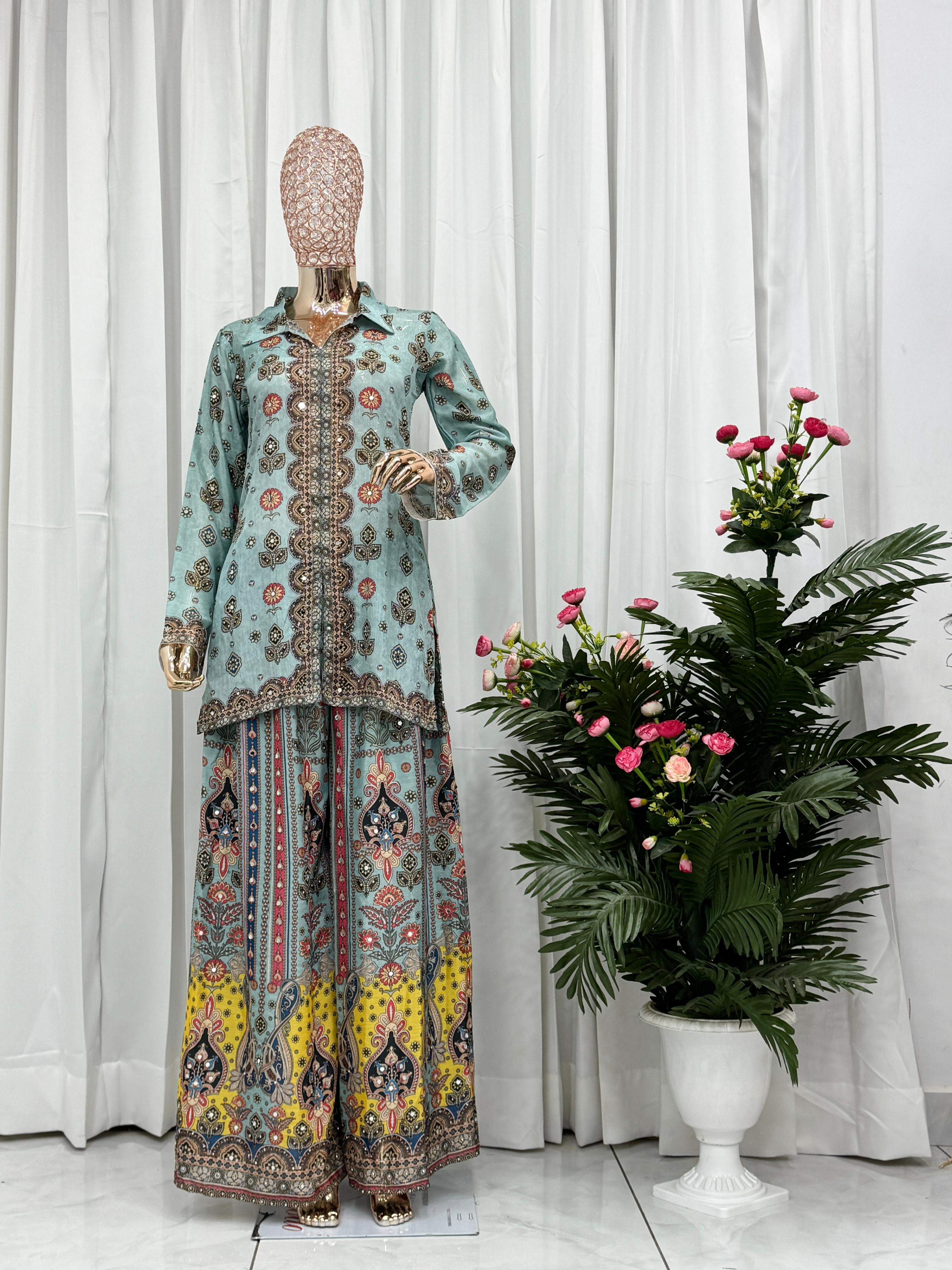 Pure Chinon Silk With Digital Print plazo set