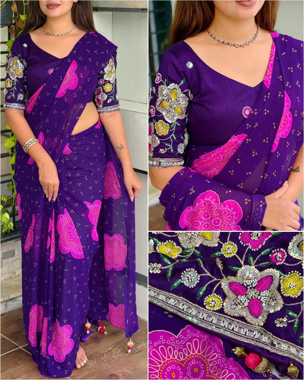 Premium Georgette Blossom Flower Design Print & Sequins Embroidered work in blouse