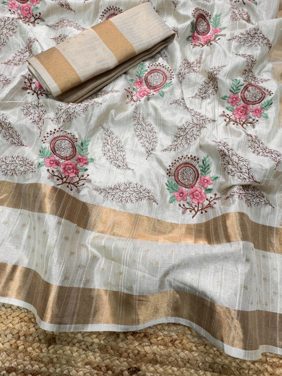 Madhuri Design Light Brown Pure Tusser Cotton Jacquard & Multi Thread Kashmiri Style Embroidery Work