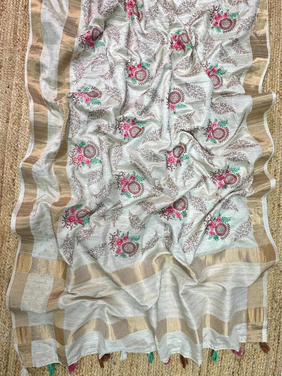 Madhuri Design Light Brown Pure Tusser Cotton Jacquard & Multi Thread Kashmiri Style Embroidery Work