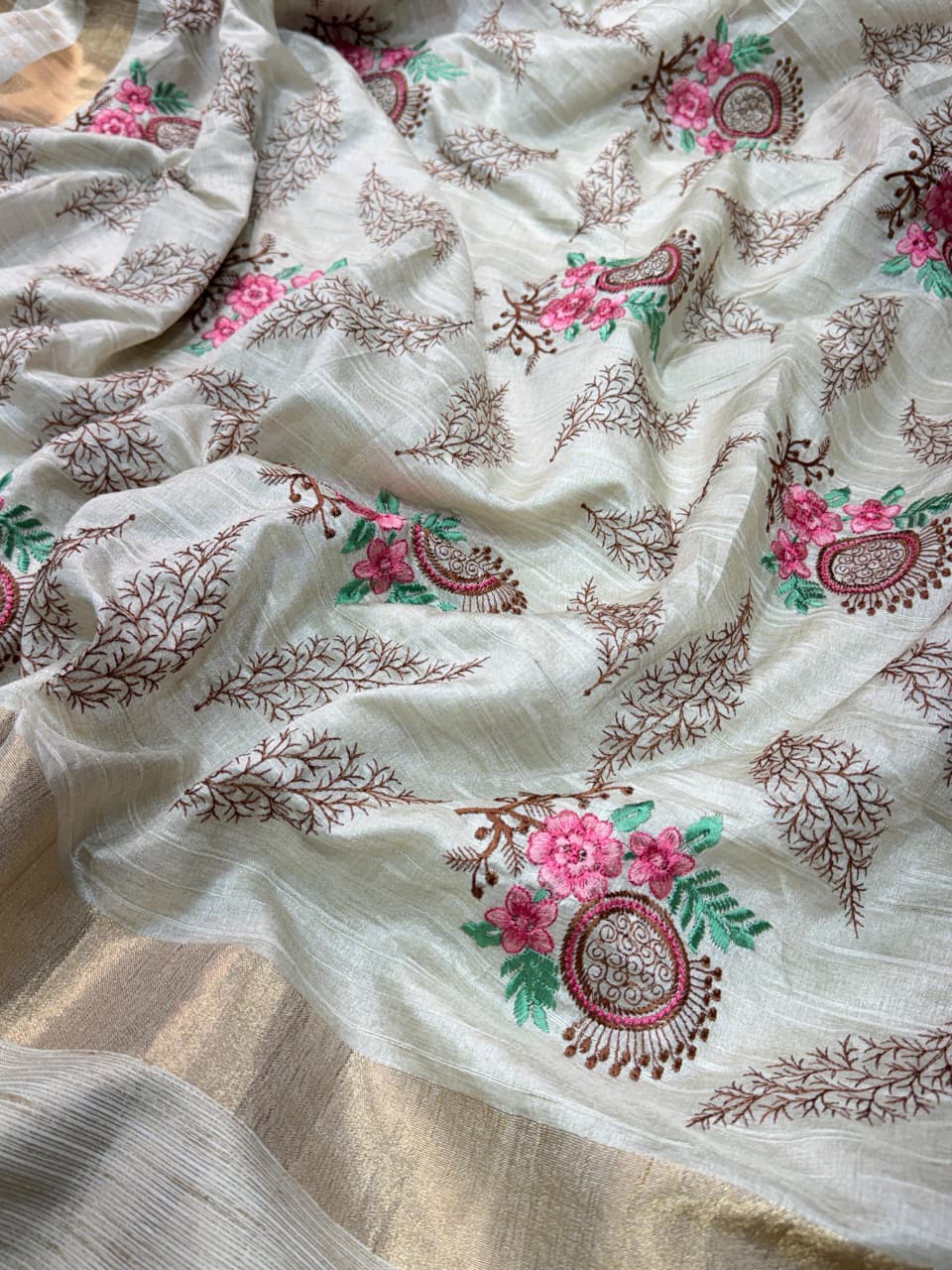 Madhuri Design Light Brown Pure Tusser Cotton Jacquard & Multi Thread Kashmiri Style Embroidery Work