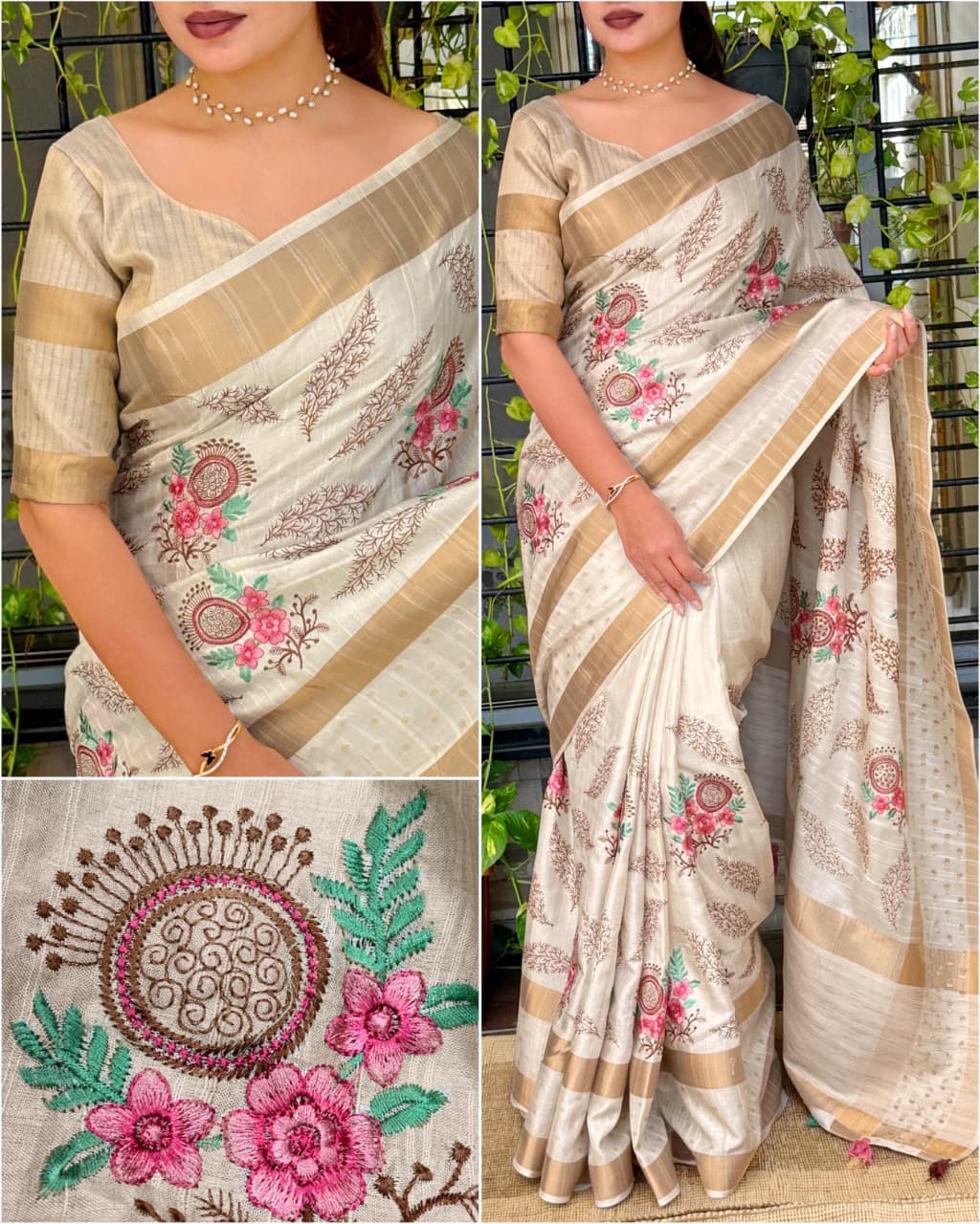 Madhuri Design Light Brown Pure Tusser Cotton Jacquard & Multi Thread Kashmiri Style Embroidery Work