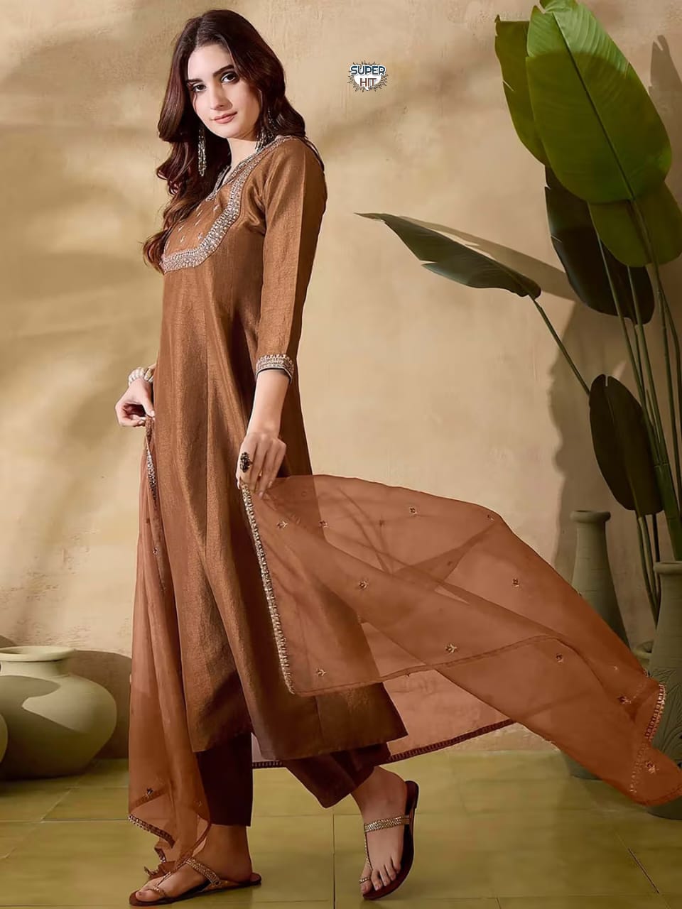 BEUTIFUL RUST BROWN VICHITRA SILK HEAVY FULLY STITCHIED SUIT SET HEAVY CODING WORK