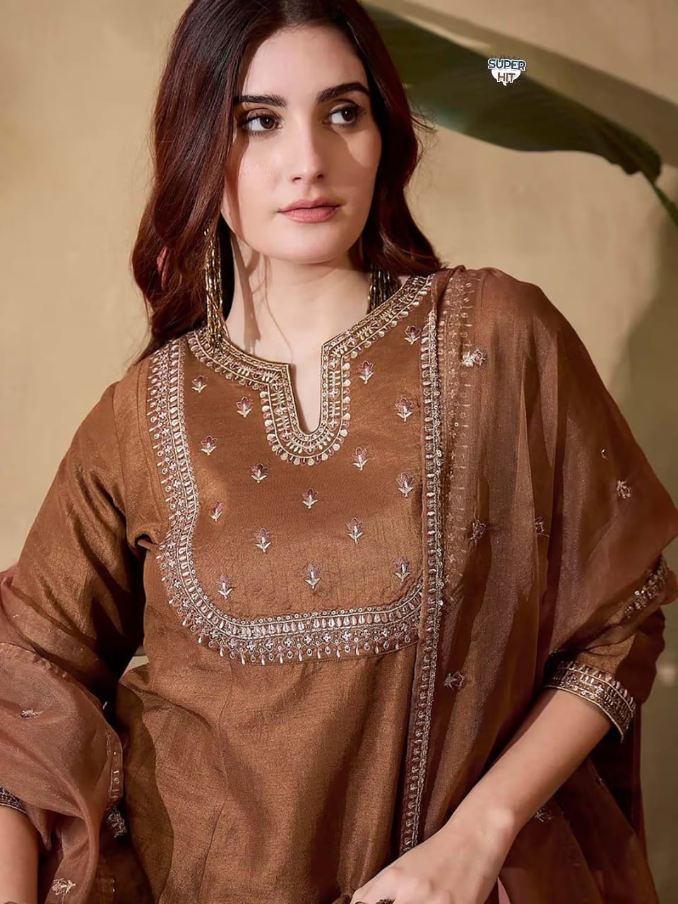 BEUTIFUL RUST BROWN VICHITRA SILK HEAVY FULLY STITCHIED SUIT SET HEAVY CODING WORK