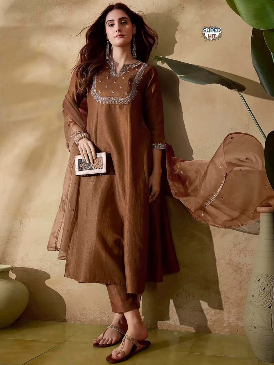 BEUTIFUL RUST BROWN VICHITRA SILK HEAVY FULLY STITCHIED SUIT SET HEAVY CODING WORK