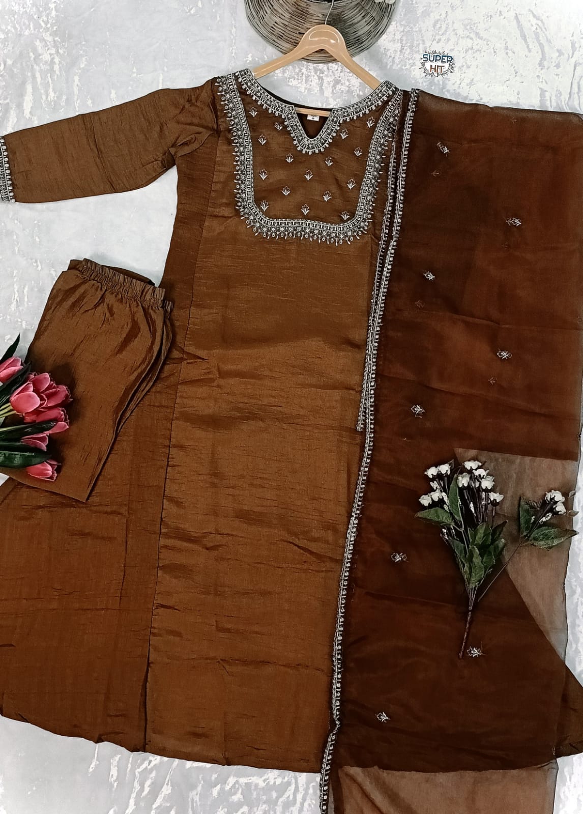 BEUTIFUL RUST BROWN VICHITRA SILK HEAVY FULLY STITCHIED SUIT SET HEAVY CODING WORK