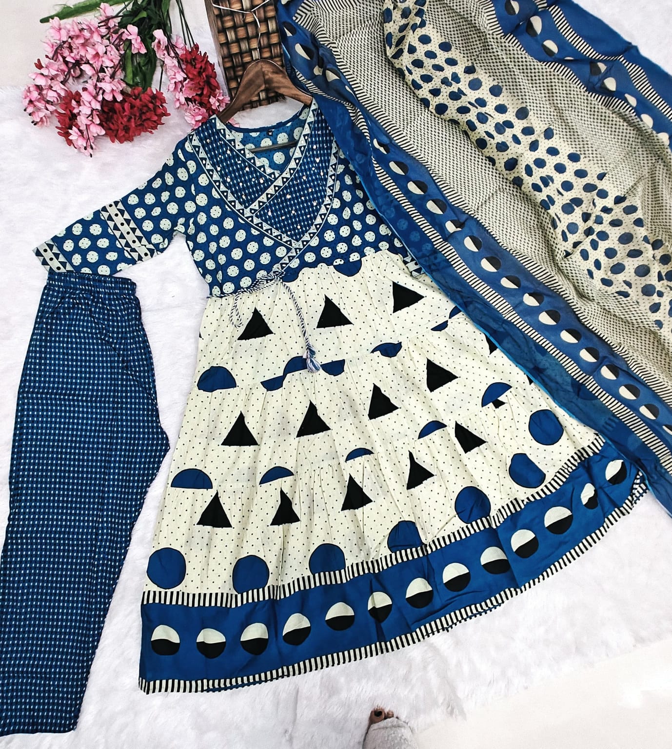 Premium Cotton Sequence Embroidery  Work Anarkali kurti set