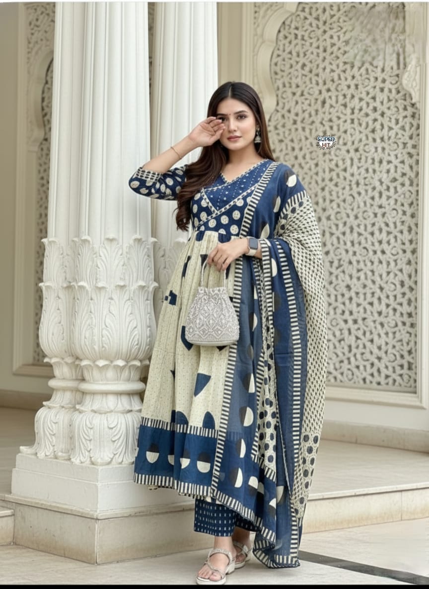 Premium Cotton Sequence Embroidery  Work Anarkali kurti set
