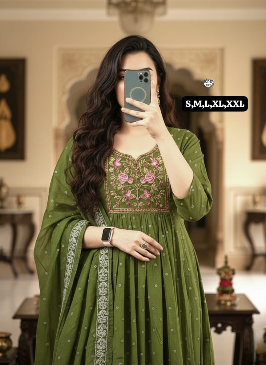 Premium Cotton Sequence Embroidery and Tier Pattern With Beutiful Work on Yoke Anarkali Kurti Set
