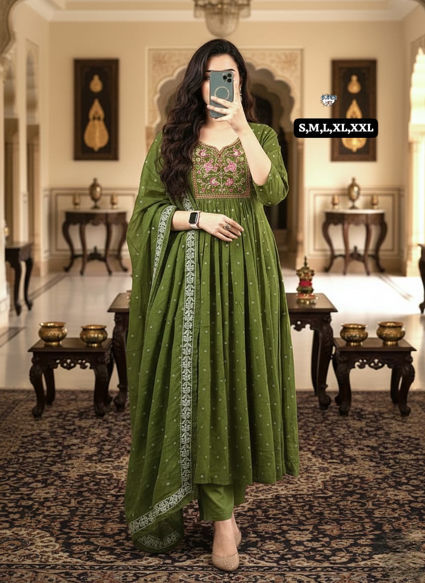 Premium Cotton Sequence Embroidery and Tier Pattern With Beutiful Work on Yoke Anarkali Kurti Set