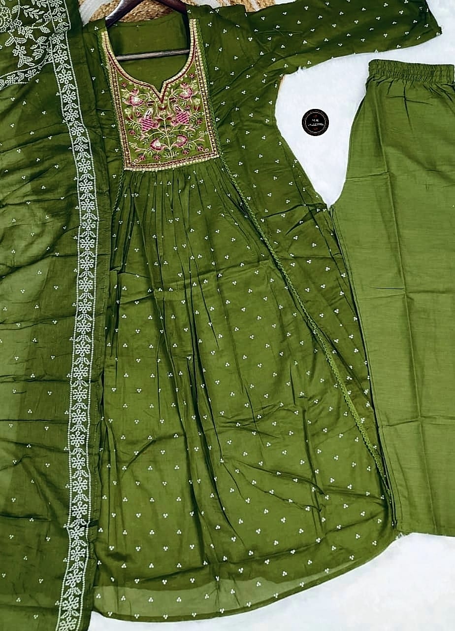 Premium Cotton Sequence Embroidery and Tier Pattern With Beutiful Work on Yoke Anarkali Kurti Set