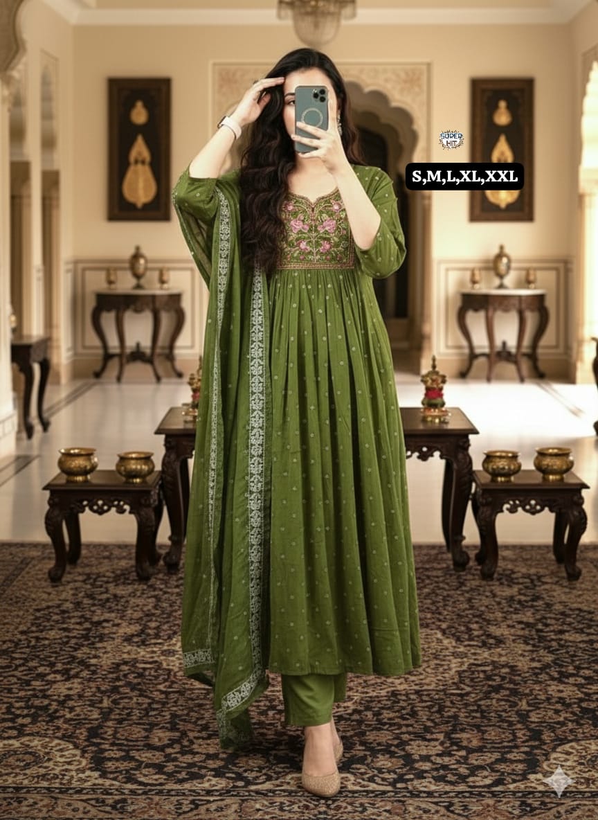 Premium Cotton Sequence Embroidery and Tier Pattern With Beutiful Work on Yoke Anarkali Kurti Set