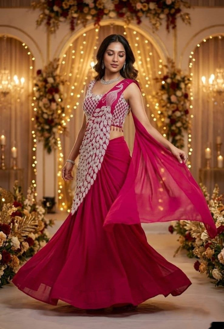 New Super Trending Embroidery Sequence Work Ready To Wear Saree with Embroidery Blouse