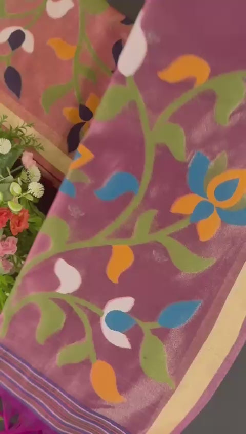 Meenakari Woven Linen Silk Saree with Jamdani Pallu & Swan Motif Paithani Fusion Saree