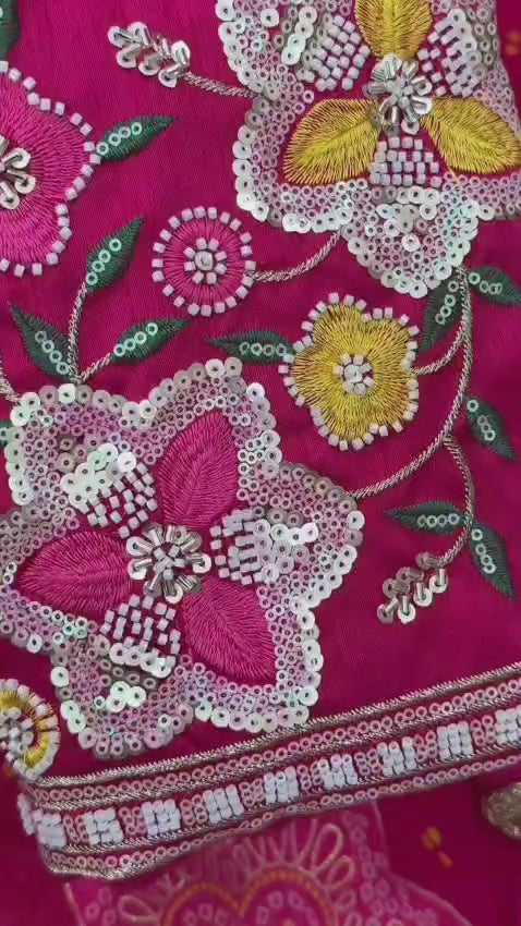 Premium Georgette Blossom Flower Design Print & Sequins Embroidered work in blouse