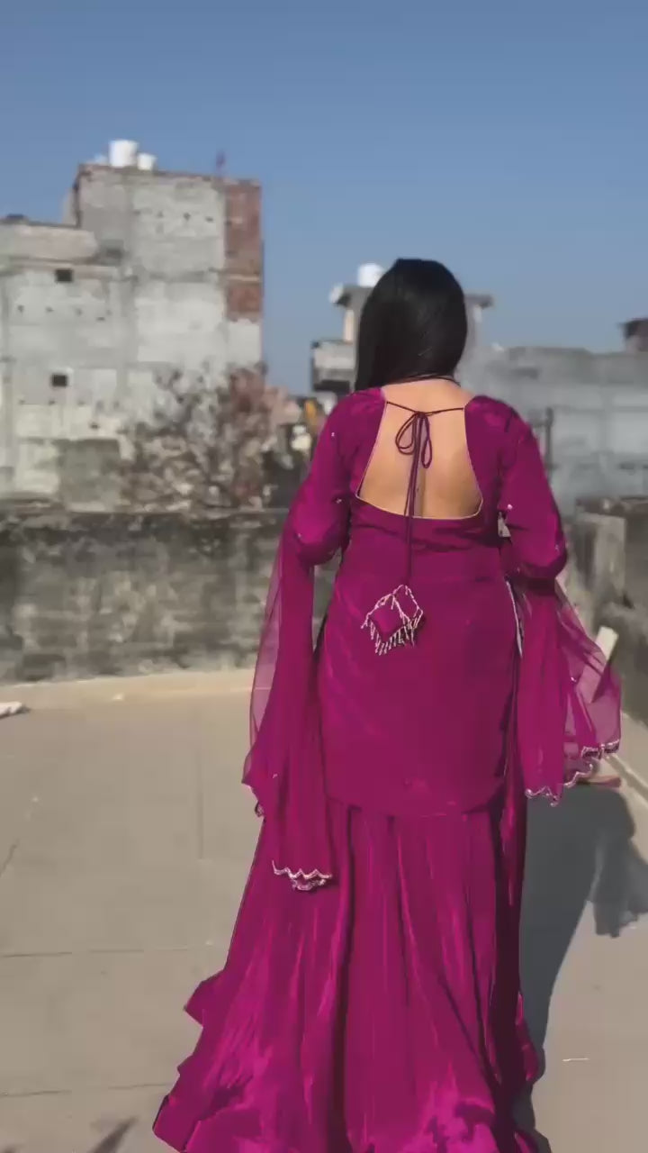 Natural Crepe Silk Flared Top-Lehenga Set with Heavy Sequence Embroidery
