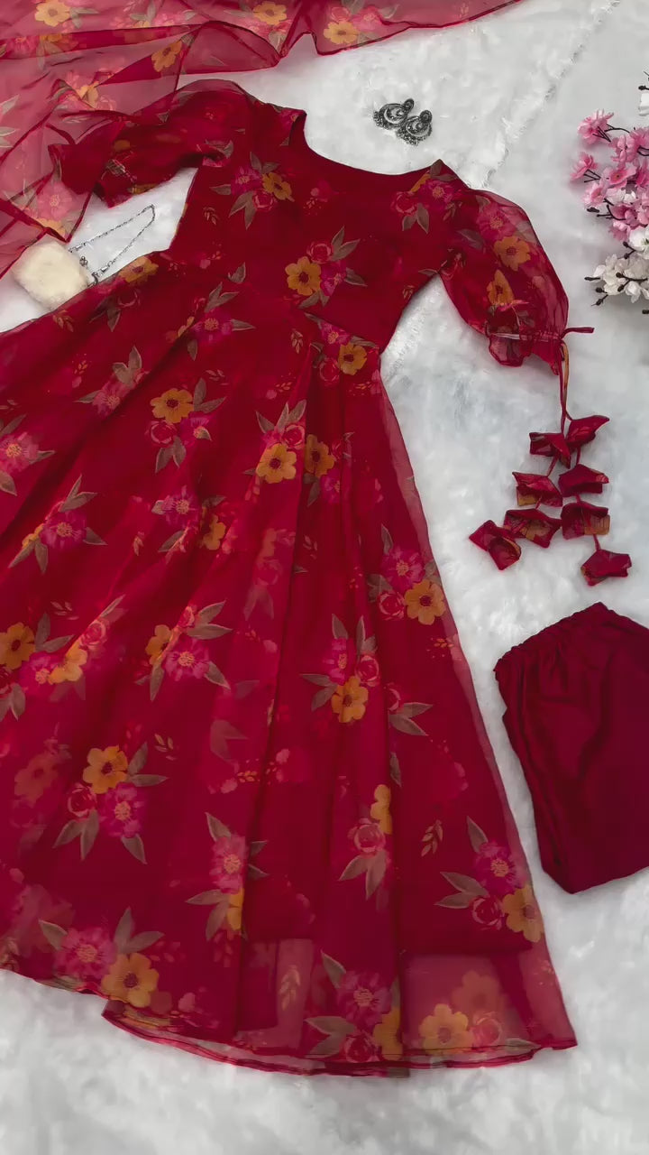Anarkali Digital Printed Organza Silk Anarkali Suit With Huge Flair 🌸 (For Size Details See Description)