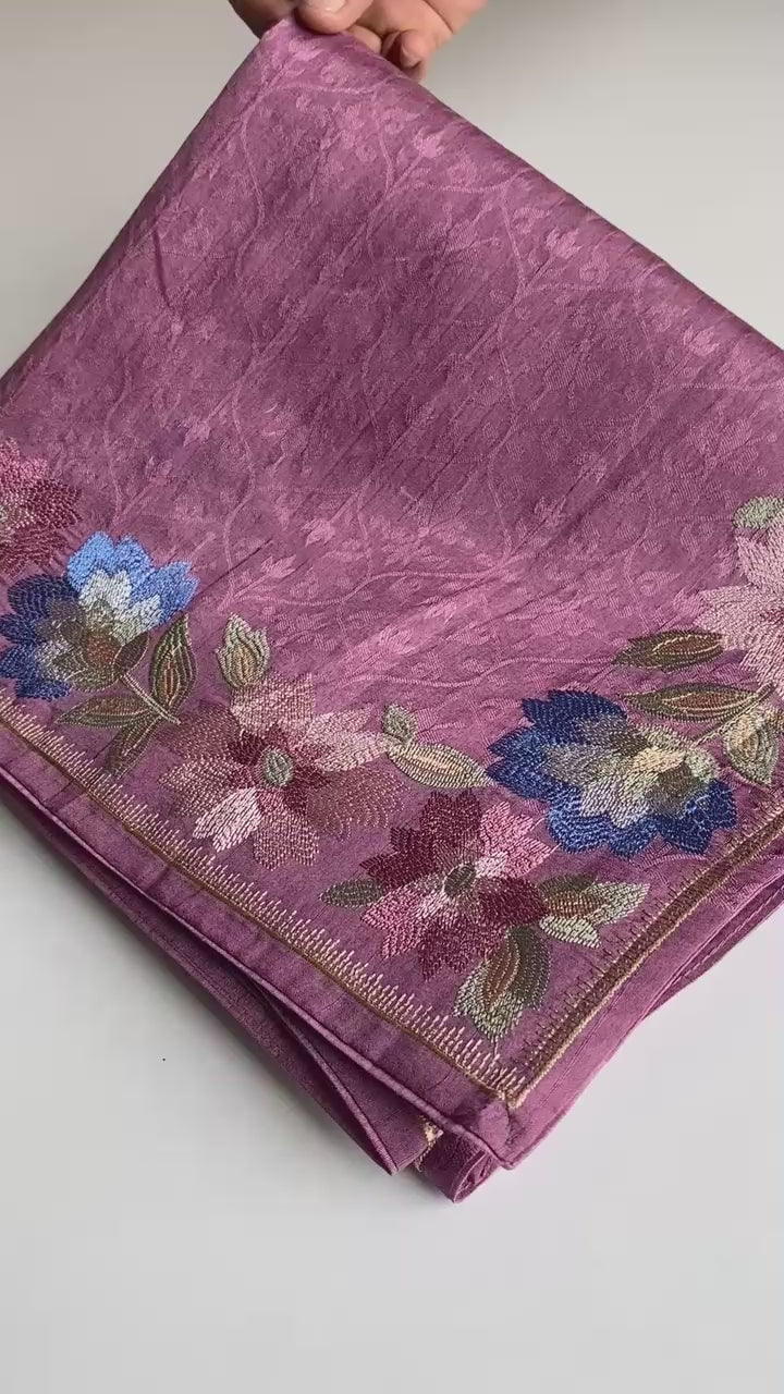 Pure Tusser Cotton Silk Premium Contrast Embroidery All Over The Border With Floral  Pattern
