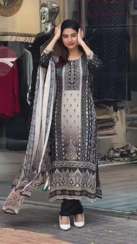 Heavy Muslim Simmer With Digital Print Lace Works Full Sleeve Kurti Set