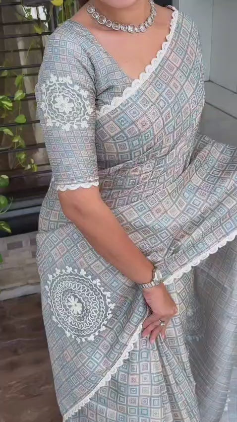 Buy New Nargis Tusser Linen Cotton With All Over Digital Print & Hand Katha Work