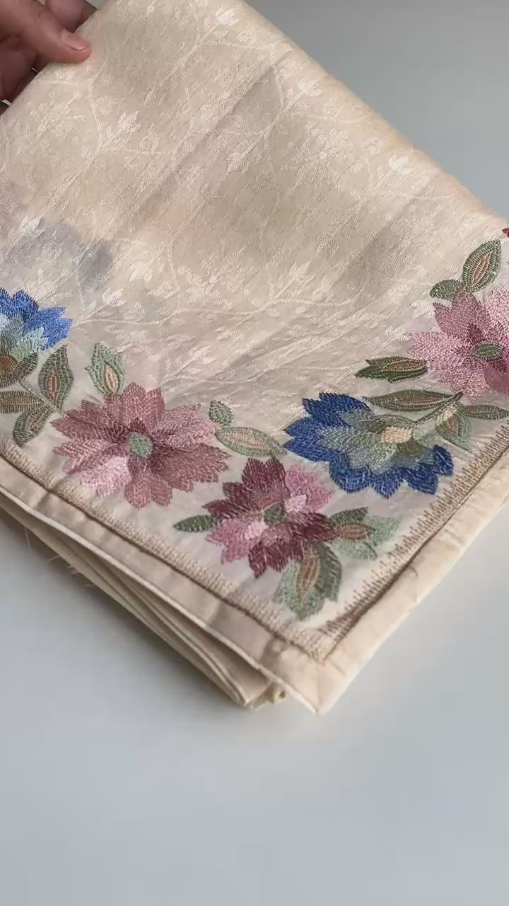 Pure Tusser Cotton Silk Premium Contrast Embroidery All Over The Border With Floral  Pattern