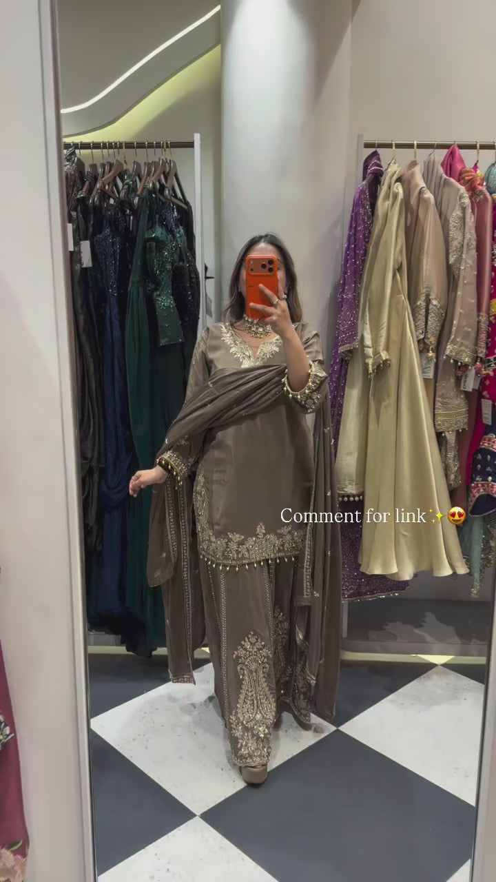 Buy Heavy Natural Crepe Silk 3-piece Readymade Sharara Top Set