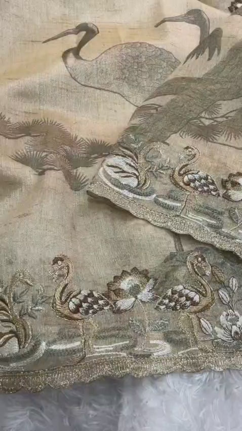 Beautiful Light Grey Hansawar Glass Organza Blend of Digital Print, Embroidered Work