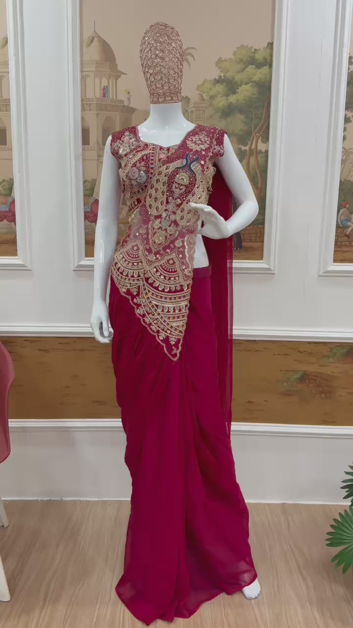 NEW STUNNING SUPERHIT TRENDING "RICH MAROON " READY TO WEAR SAREE" WITH FULLY EMBROIDERED STYLIST BLOUSE ON  RANGOLI SILFABRIC