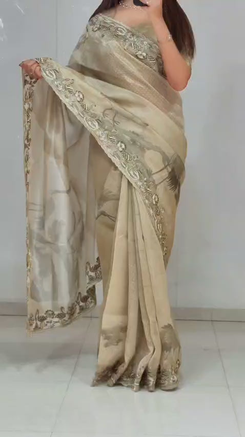 Beautiful Light Grey Hansawar Glass Organza Blend of Digital Print, Embroidered Work