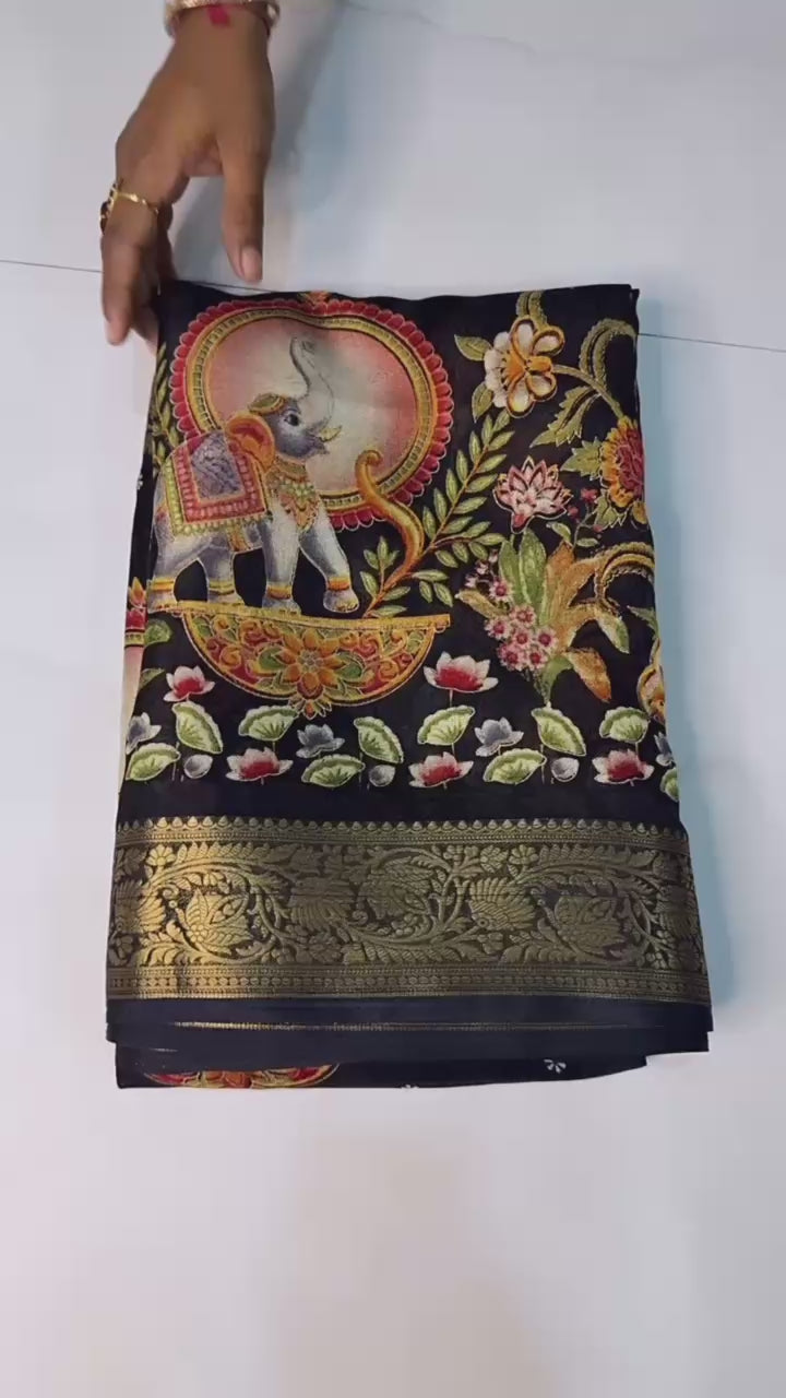 Mysore Ajarakh Crepe Silk Uniform Saree with Meenakari Elephant Motifs