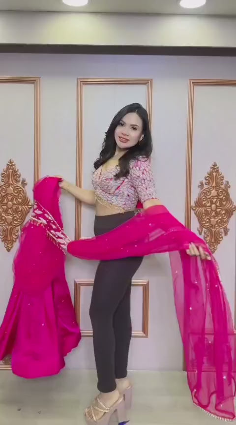 "Deep Rani Pink Crepe Silk Heavy Embroidered Ready-to-Wear Lehenga Saree"