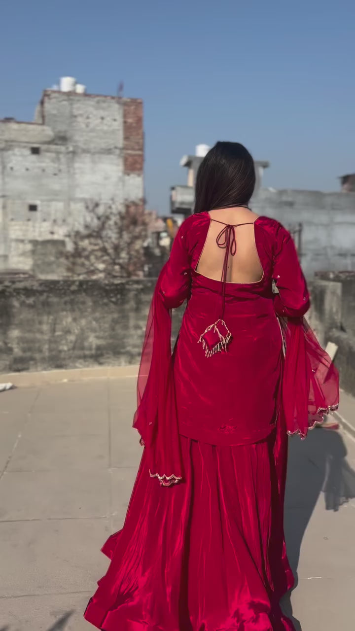 Natural Crepe Silk Flared Top-Lehenga Set with Heavy Sequence Embroidery