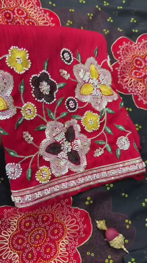 Premium Georgette Blossom Flower Design Print & Sequins Embroidered work in blouse