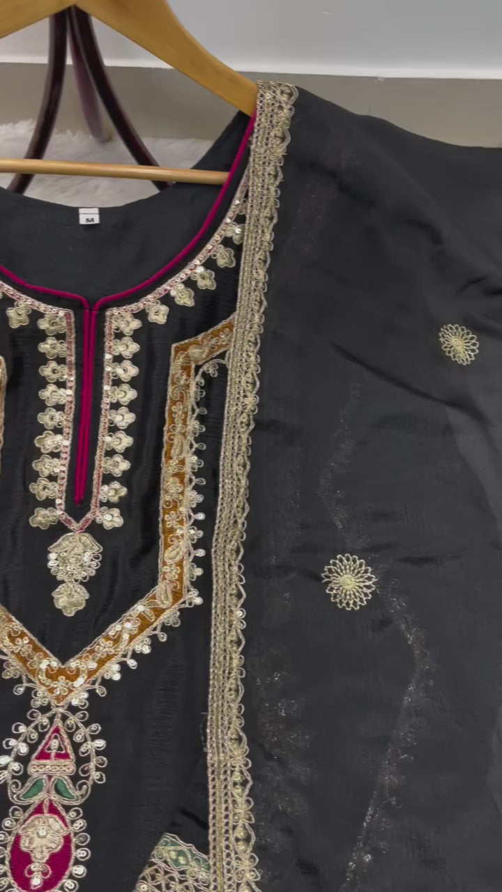 FESTIVAL ETHNIC OUTFIT SEQUENCE EMBROIDERY ON SILK FABRIC TOP AND PLAZZO WITH DUPATTA SET (For Other Size Details See Description)