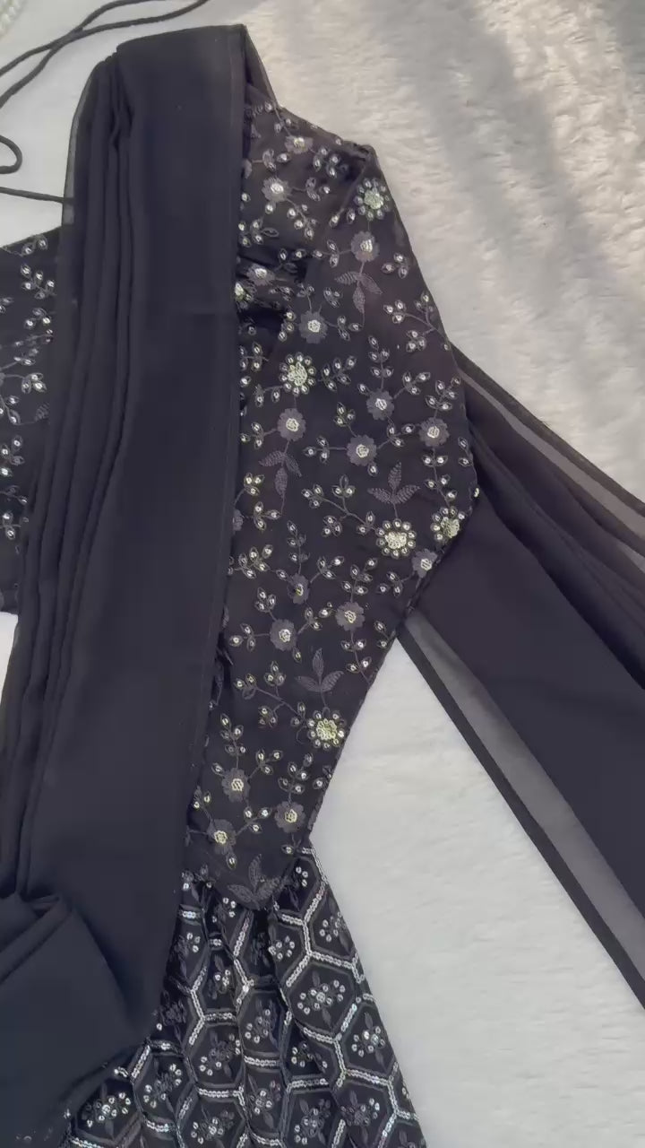 Midnight Foux Gorgette Elegance Sequin Embroidered Sharara Choli; (For Size Details See Description)