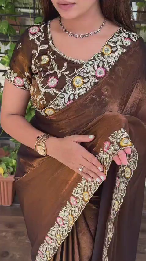 Fandy Satin Saree with Intricate Zari and Swarovski Handwork