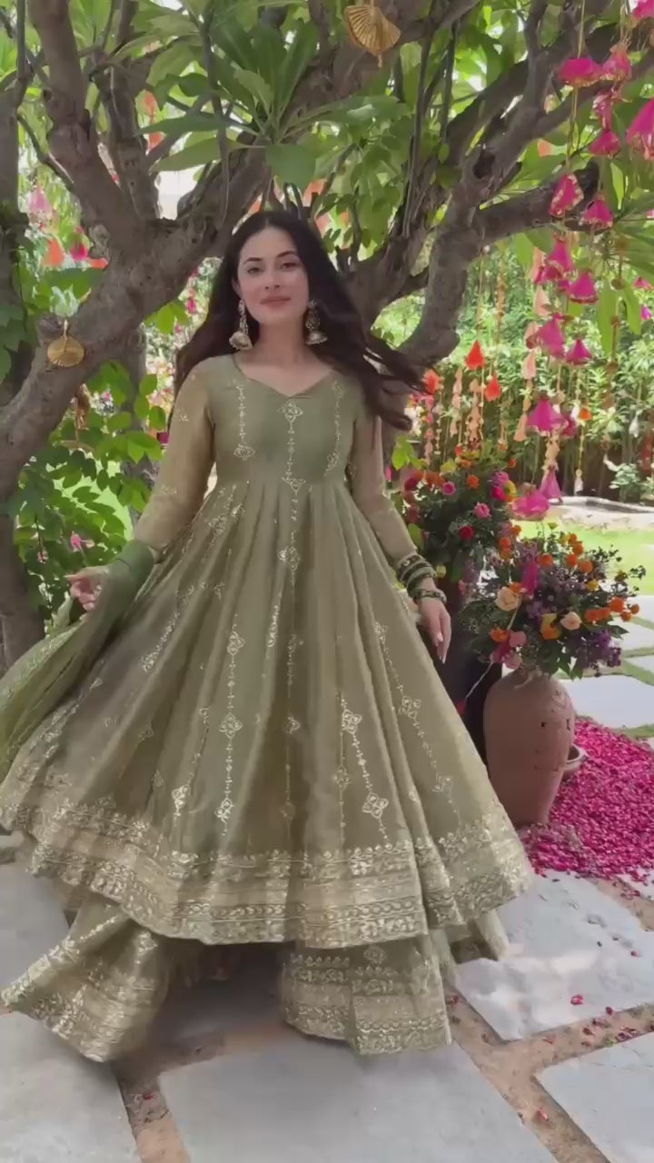 Rose Crunchy Silk Anarkali Gown With Sharara Set with Heavy Zari Embroidery