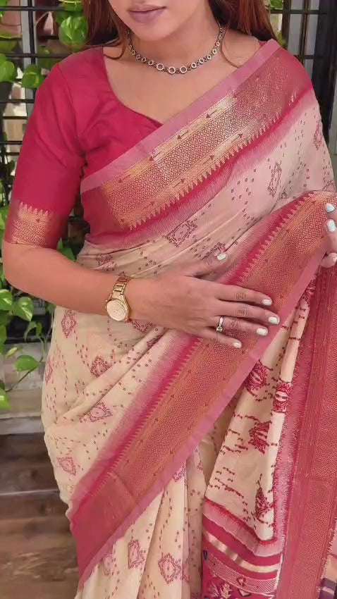 Aarushi Cotton Contrast Thread Weaving Bandhej Jacquard Rich Pallu in Saree With Zari Weaving & Minakari Thread Pattern