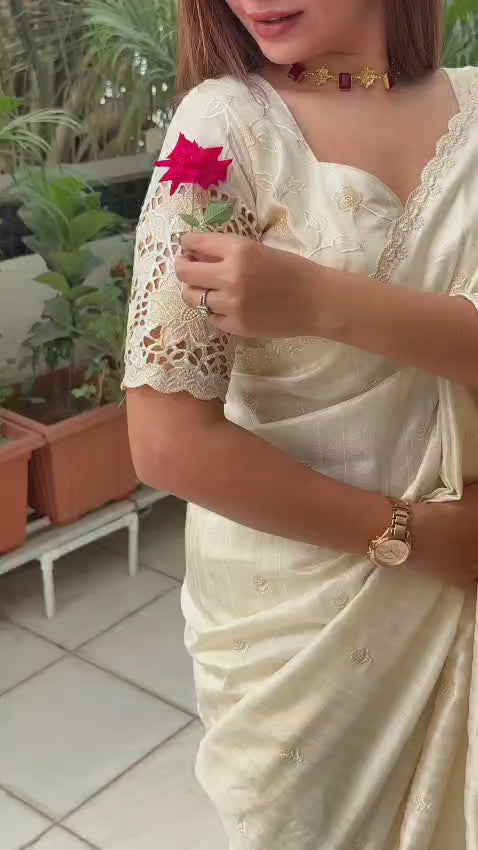 Tusser Cotton Thread Embroidery Work in Saree With Latest Cutwork