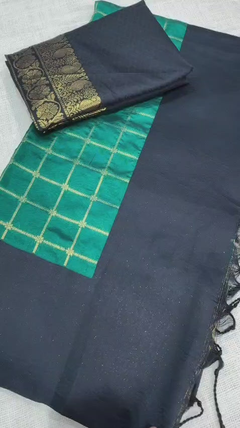 Contrast black satin weaving border in full saree