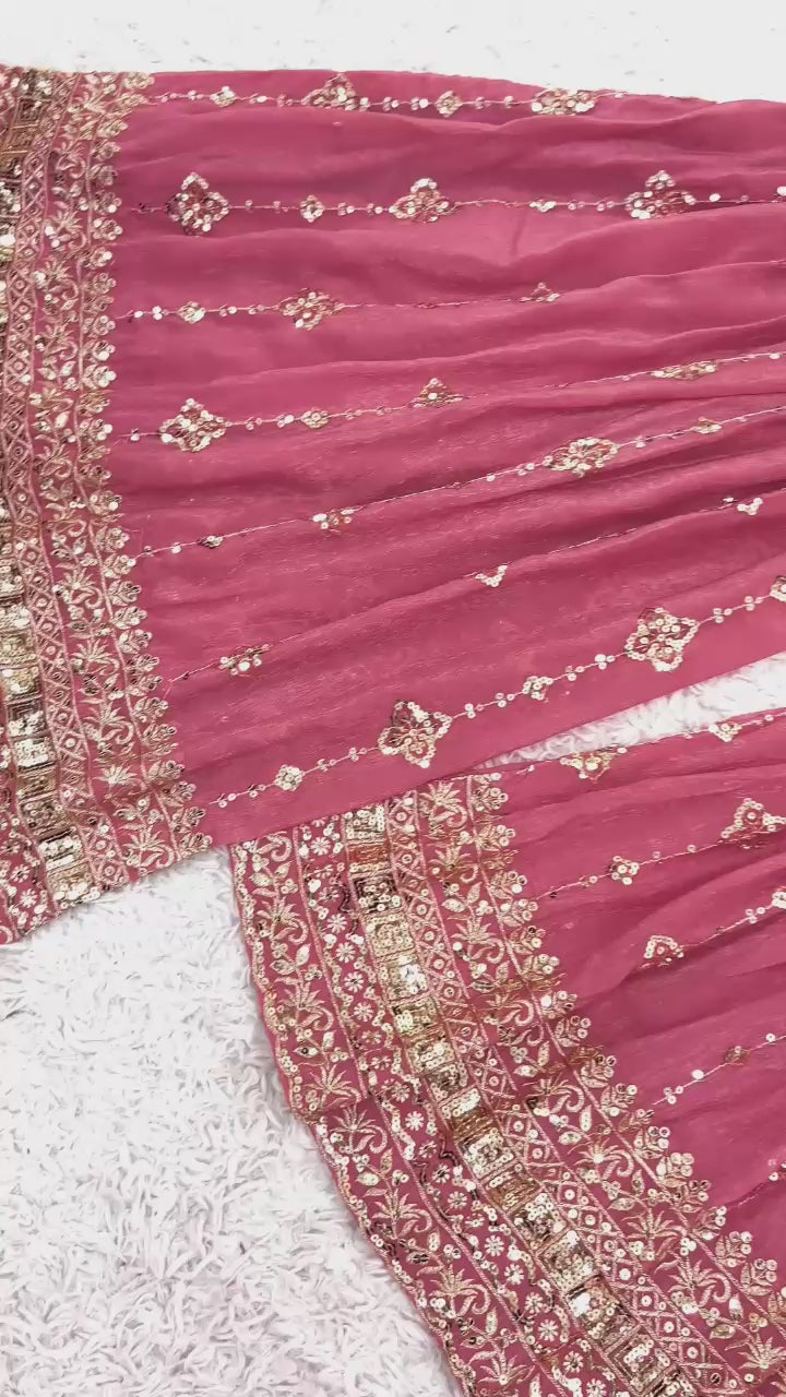 Rose Crunchy Silk Anarkali Gown With Sharara Set with Heavy Zari Embroidery