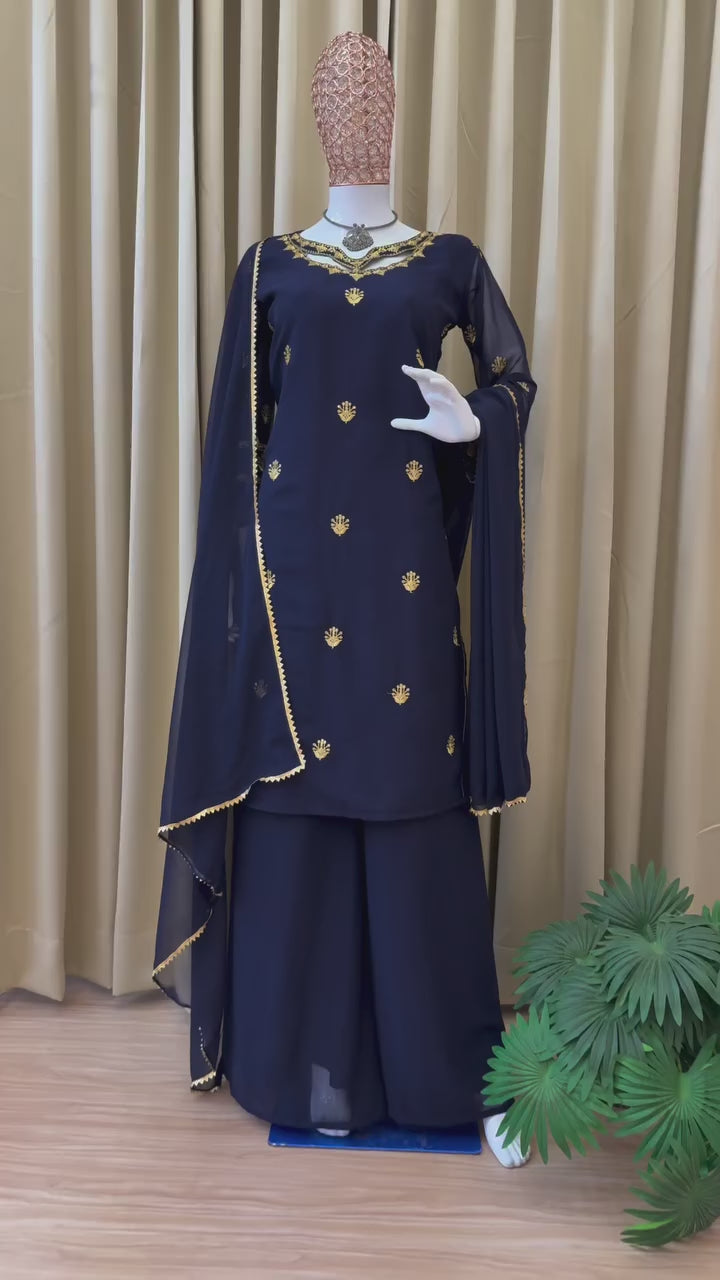 NEW SUPERHIT TRENDING FESTIVE COLLECTION KURTI, PLAZZO & DUPATTA SET WITH EMBROIDERY WORK ON FAUX GEORGETTE FABRIC