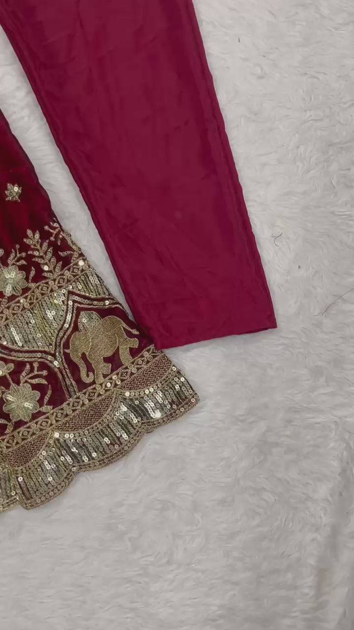 Embroidered Pure Fendy Silk Anarkali: Referring To The Heavy Silk-Style Fabric And Gold Zari/Sequin Work