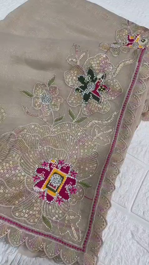 Nc Pure Simmer Silk Dusty Beige Saree Zari & Sequin Embroidered Cutwork Border with Patola Print in Blouse