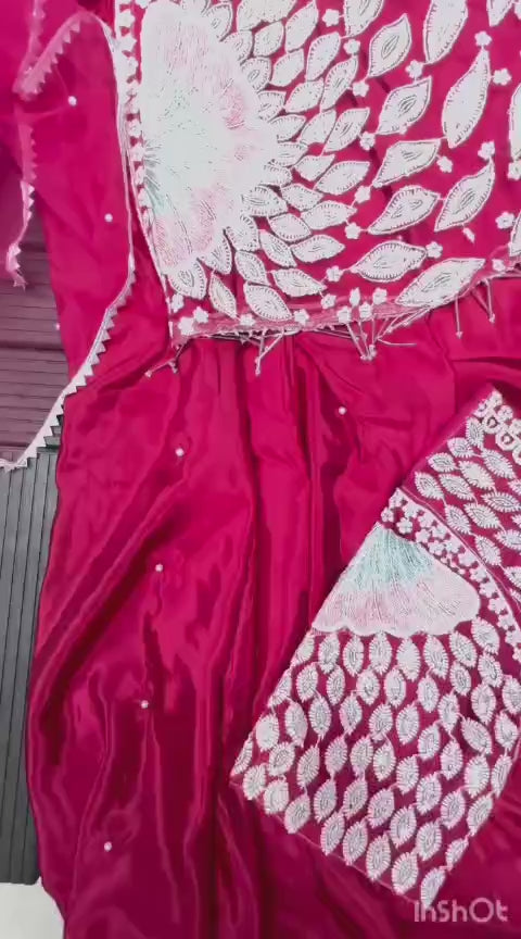 "Deep Rani Pink Crepe Silk Heavy Embroidered Ready-to-Wear Lehenga Saree"