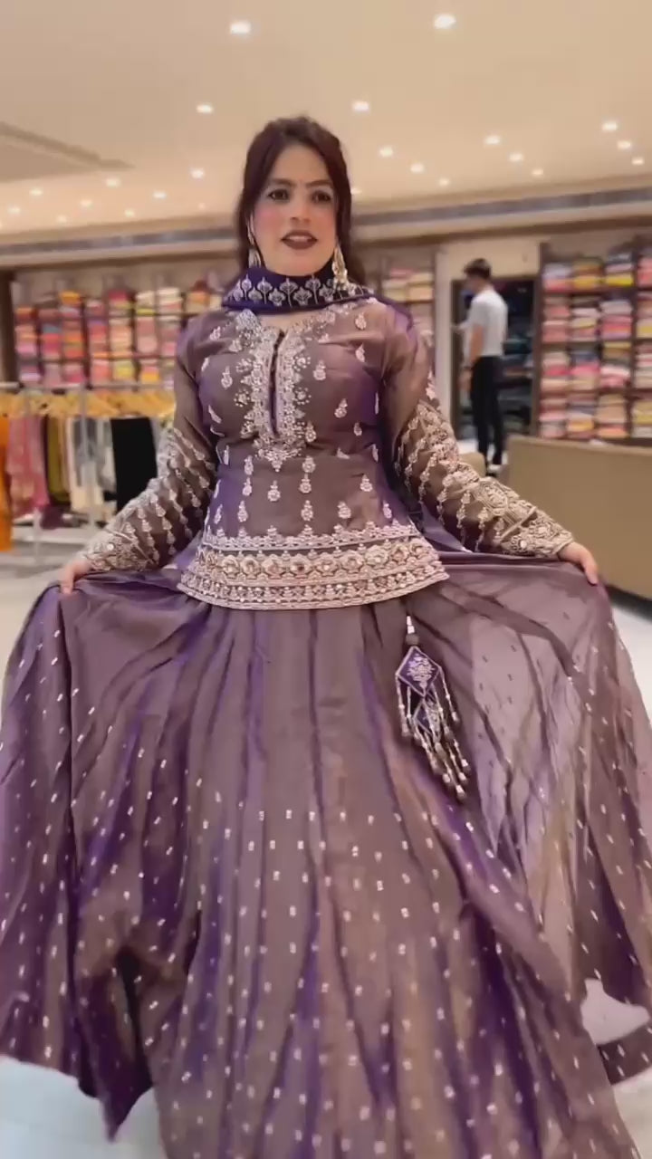 Handcrafted Embroidered Peplum Top with Flared Lehenga and Dupatta Set (For Size Details See Description)