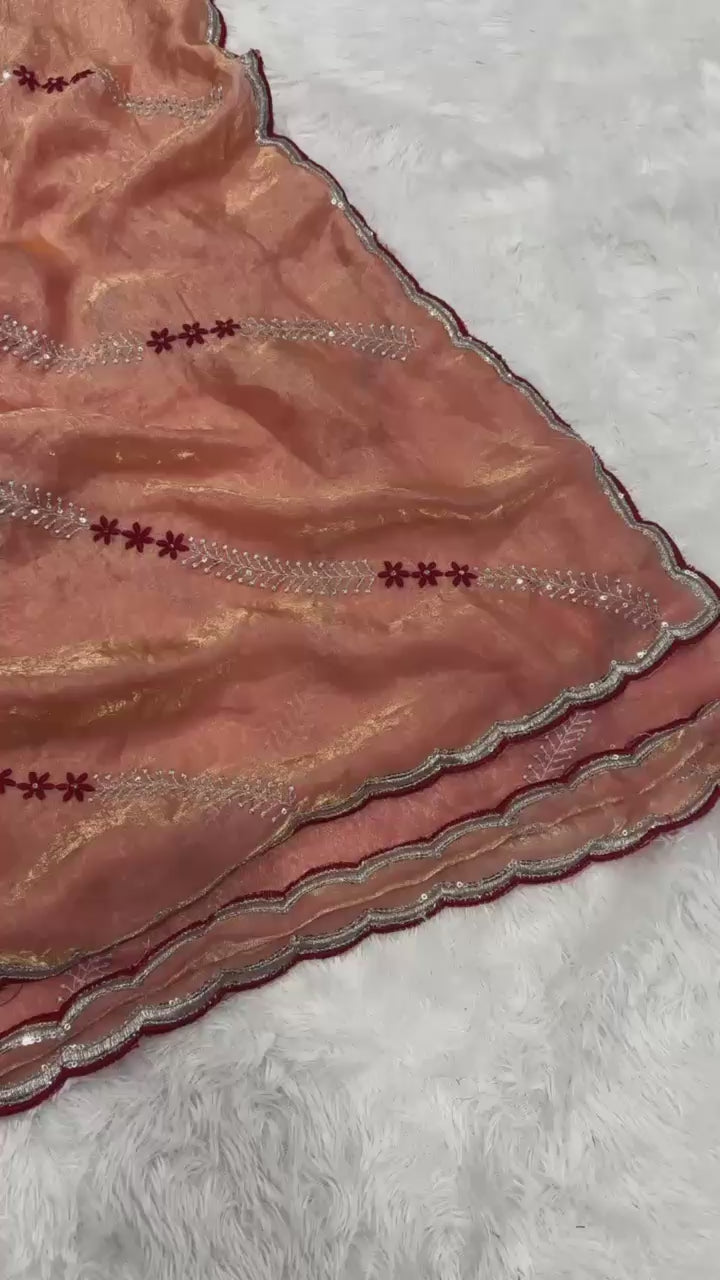 Tremendous Peach Sequence Work Fandy Silk Saree