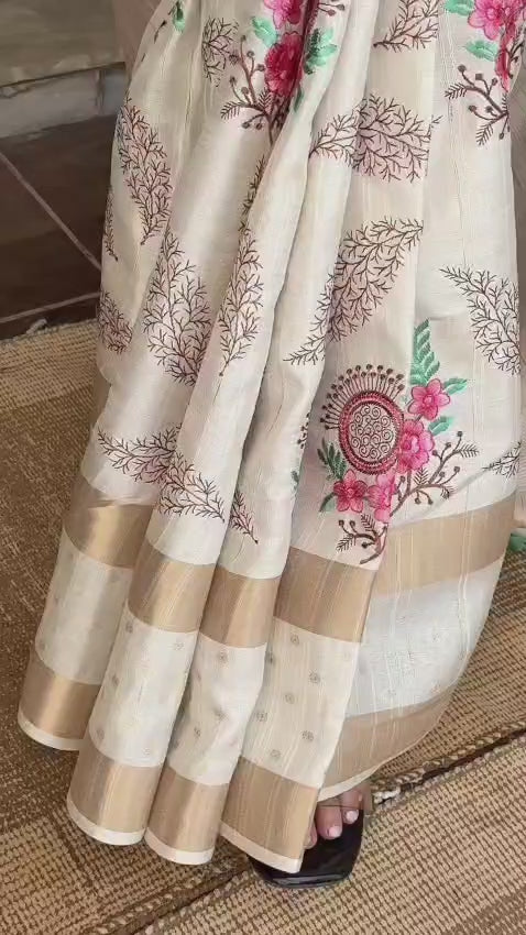 Madhuri Design Light Brown Pure Tusser Cotton Jacquard & Multi Thread Kashmiri Style Embroidery Work